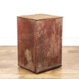 Rivetted metal log bin of rectangular form with a lid, 41cm x 43cm x 65cm high Well used and with