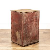 Rivetted metal log bin of rectangular form with a lid, 41cm x 43cm x 65cm high Well used and with