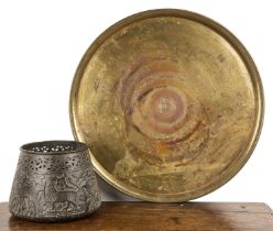 Brass engraved tray Indo-Persian, with Koranic script and arabesques, 58cm diameter and an Indian