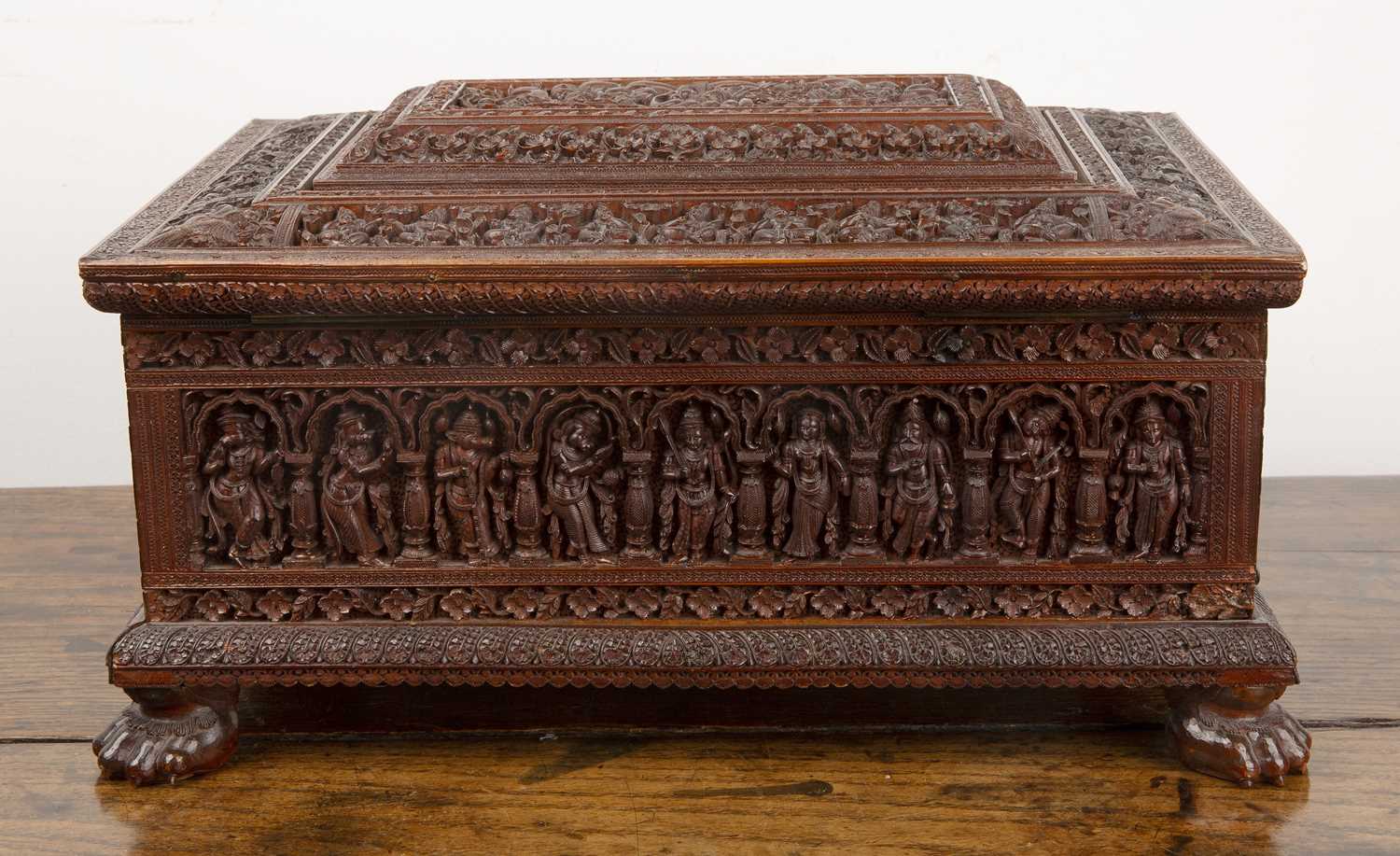 Sandalwood jewel box Indian, late 19th/20th Century, with extensive carved decoration throughout and - Image 3 of 7