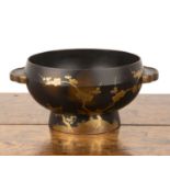 Japanese black lacquer basin 20th Century, with twin handles, decorated with cherry blossom,