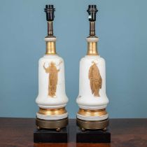 Pair of decorative white glass table lamps decorated with Grecian figures and on black painted
