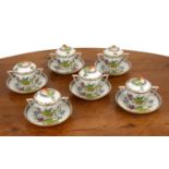 Herend Hungary set to include six lidded pots, with strawberry finials to the lid, 10cm high and six