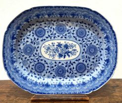 Large blue and white porcelain meat plate circa 1840-50, with floral decoration, 42cm x 53cm
