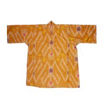 Gold ikat silk kurta Uzbekistan, and a green and purple striped coat (2) Provenance: The Olivia Dell