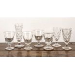 Four glass rummers 19th Century, and three pressed glass flutes (7) Provenance: The Olivia Dell