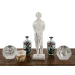 Collection of ceramics and glassware to include a Herend Blanc de Chine figure of a gentleman,