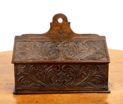 Oak candle box 19th Century, treen with carved foliate designs, 36cm x 26.5cm high x 16cm deep