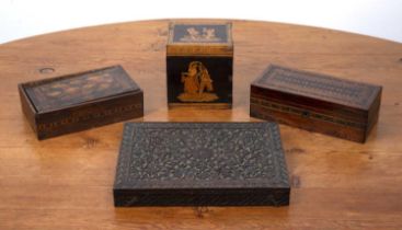 Collection of four boxes Including a straw-work and inlaid tea caddy, decorated with various