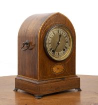 Edwardian lancet case rosewood mantel clock the case in arched form, with inlay to the case and