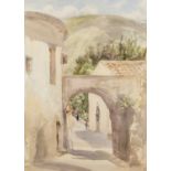 Patricia Prentice (1923-2006) 'Medieval Arch', watercolour on paper, signed lower right, 54cm x 39cm