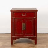 Red lacquer low cupboard Chinese, fitted with a drawer and cupboards, 54cm square x 70cm high
