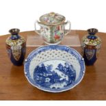 Small group of pieces including a pair of small cloisonne vases, 15cm high, an oval blue transfer