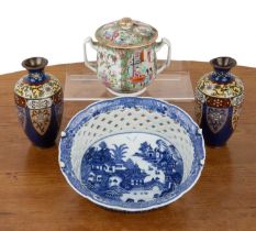 Small group of pieces including a pair of small cloisonne vases, 15cm high, an oval blue transfer