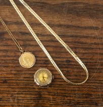 Collection of jewellery comprising: a George V Sovereign dated 1912 in 9ct gold mount on a yellow