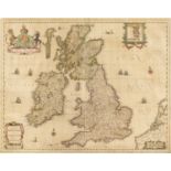 British Isles, Magnae Britanniae et Hiberniae Nova Descriptio engraving, with decorative cartouche