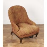 Buttoned paisley-covered chair Victorian, on turned walnut supports and porcelain castors, 53cm wide