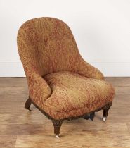 Buttoned paisley-covered chair Victorian, on turned walnut supports and porcelain castors, 53cm wide