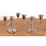 Pair of silver candelabrum in classical style, each with three branches and with shell decoration,
