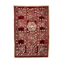 Red velvet embroidered panel Ottoman, with panels of foliate designs, and dated 1960, 210cm x