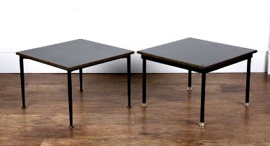 JWC Payne for Heals of London Pair of side tables, brass and formica with a black table surface,