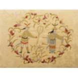 Three framed silk embroidered panels Ottoman, each with a pair of figures, set in a cartouche,