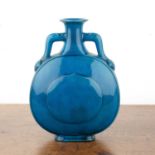 Turquoise porcelain moon flask Chinese, circa 1950 with a moulded design to each side, ruyi