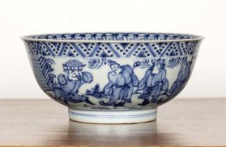 Blue and white porcelain bowl Chinese, 19th Century painted with a dragon and Buddhist symbols on