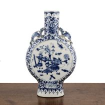 Blue and white porcelain moon flask Chinese, 19th Century painted with two panels of 'antiques',