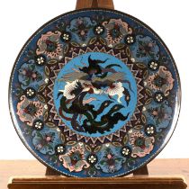 Large cloisonné charger Japanese, circa 1900 of blue ground with a panel of phoenix to the centre,