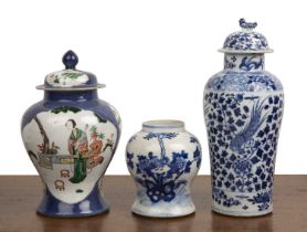 Group of three vases Chinese, 19th Century including a powder blue vase and cover, 27cm high, a blue