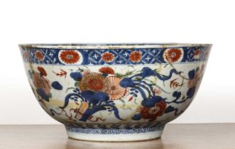 Export Imari decorated punch bowl Chinese, circa 1800 painted with flowers, within a checkered