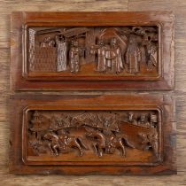 Two carved panels Chinese, 19th/20th Century with scenes of court officials, and warriors, 17cm x