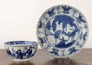 Blue and white Kraak decorated shallow dish Chinese, Ming period (1368-1644) painted with two