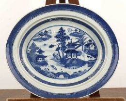 Nanking export blue and white porcelain oval meat dish Chinese, late 18th Century painted with a