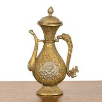Brass and silver metal ewer sino-Tibet, 19th Century the body embossed with flowers and foliage,