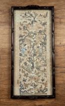 Hardwood tray Chinese, circa 1900 with an inset silk embroidered Kesi panel decorated with figures