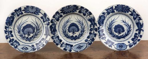 Set of three blue and white large plates Chinese, Kangxi period (1662-1722) each painted with