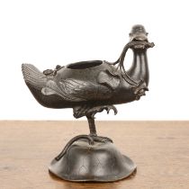 Duck shaped bronze incense burner Chinese, 18th Century standing on one foot, on a lotus leaf