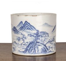 Blue and white porcelain brush pot Chinese, 18th Century painted with a Chinese mountainous