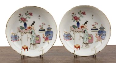 Pair of famille rose semi-porcelain saucer dishes Chinese, 18th Century each of lobed form,