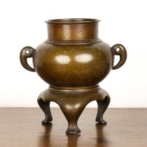 Bronze censer on stand Chinese, 19th Century of bulbous form with twin handles, on a triform base,