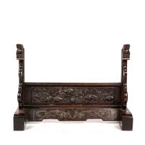 Carved rosewood screen stand Chinese, circa 1900 the front panel and supports are carved with temple