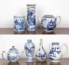 Group of blue and white porcelain Chinese, 18th/19th Century to include two teapots, a large