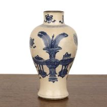 Blue and white 'soft paste' porcelain vase Chinese, 18th/19th Century painted with 'antiques' and