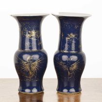 Pair of cobalt blue vases Chinese, 18th Century each with gilt dragon decoration, 14.5cm high (2)