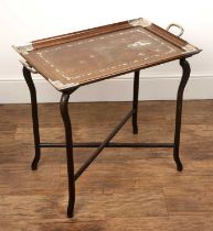 Hardwood/blackwood joss table tray and stand Chinese, circa 1900 with silver inlay and mounts to the