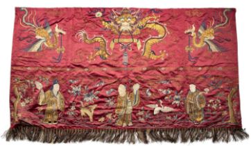 Red ground altar panel Chinese embroidered with gold and blue thread, the face of a scaled dragon to