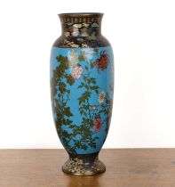 Cloisonné blue ground vase Japanese, circa 1900 with chrysanthemums and other flowers, beneath a