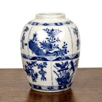 Blue and white porcelain ovoid vase Chinese, 19th Century painted in panels with 'antiques', and